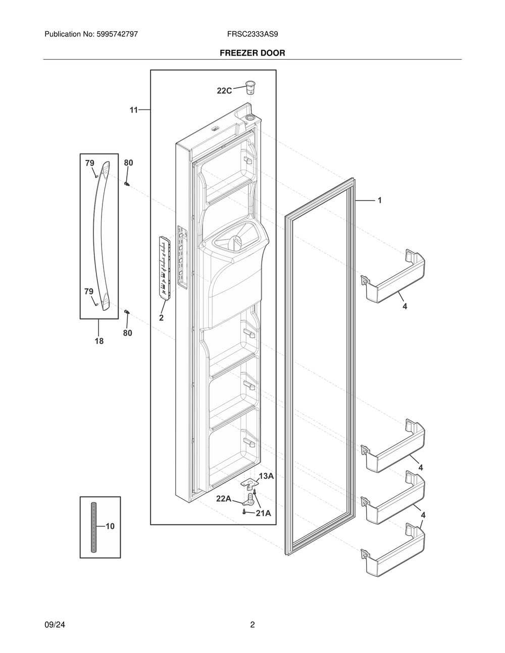 Freezer Door Diagram and Parts List for FRSC2333AS9  Frigidaire Refrigerator