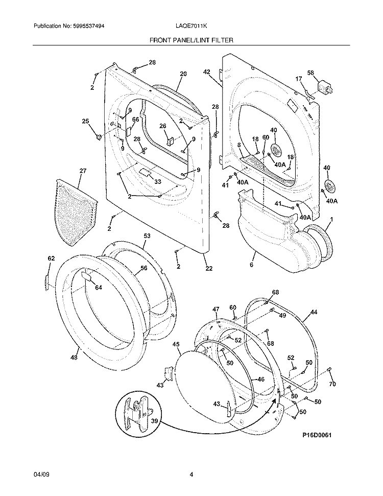FRONT PANEL/LINT FILTER Diagram and Parts List for LAQE7011KB0  Frigidaire Dryer