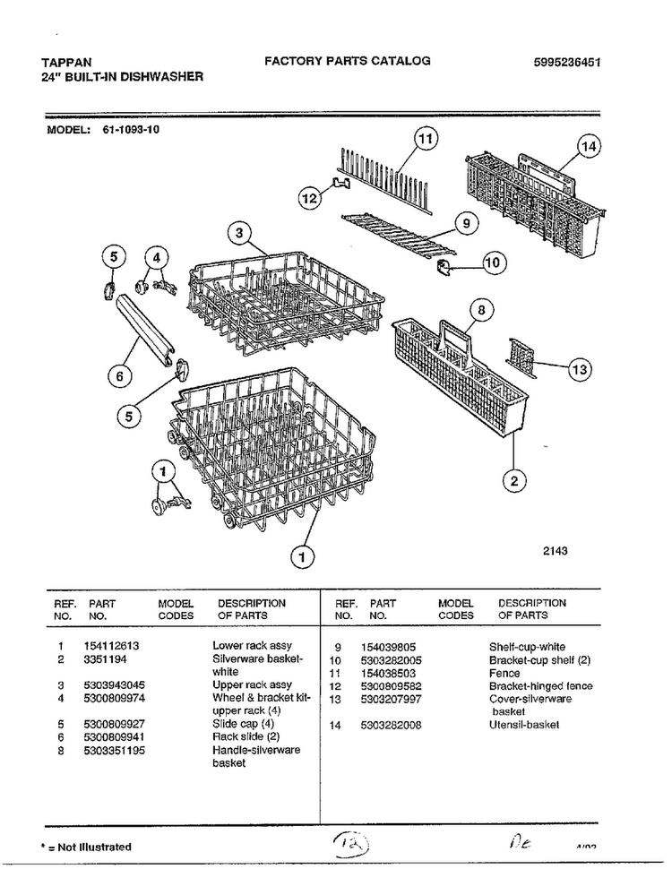 Lower/upper Rack Diagram and Parts List for 61-1093-10  Frigidaire Dishwasher