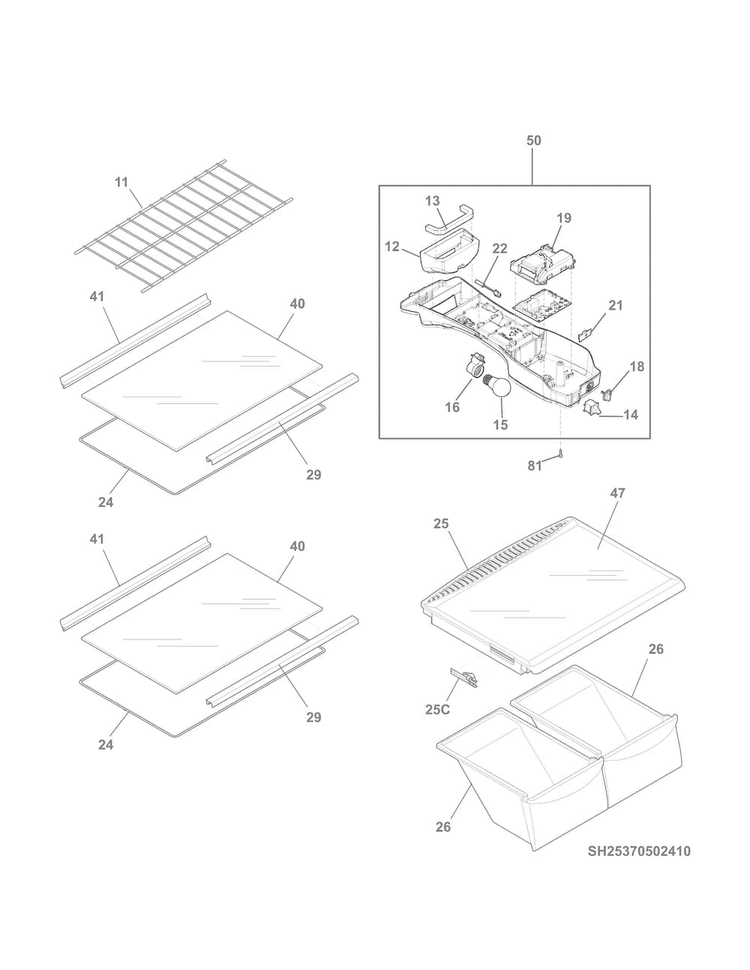 Shelves Diagram and Parts List for 25360505510  Kenmore Refrigerator