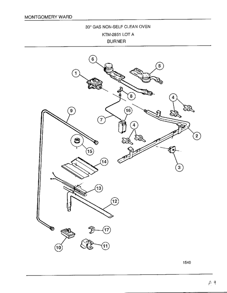 Burner Diagram and Parts List for 2851A  Frigidaire Range