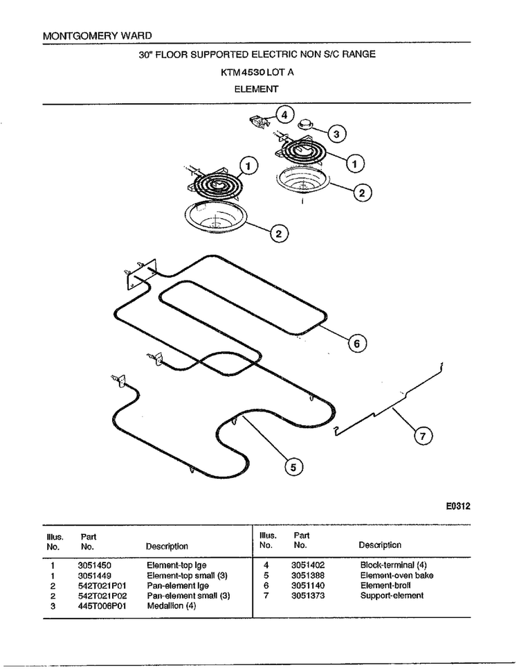 30" Range/element Diagram and Parts List for 4530A  Frigidaire Range