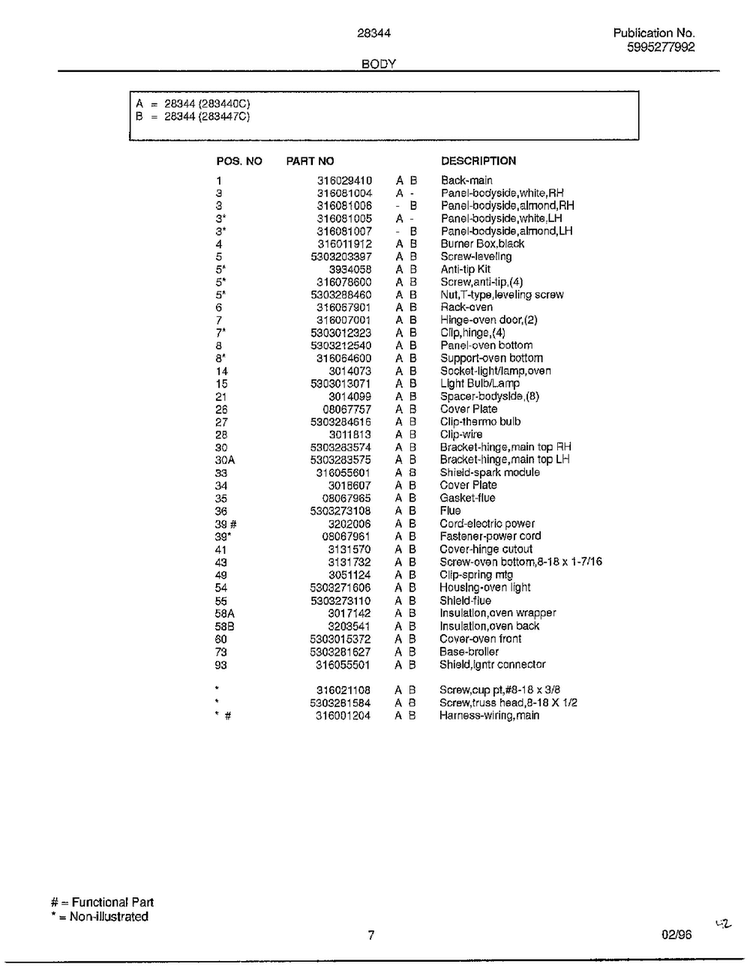 Body Page 2 Diagram and Parts List for 283440C  Frigidaire Range