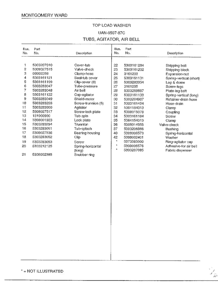 Tubs/agitator/air Bell Page 2 Diagram and Parts List for 6507-87C  Frigidaire Washer