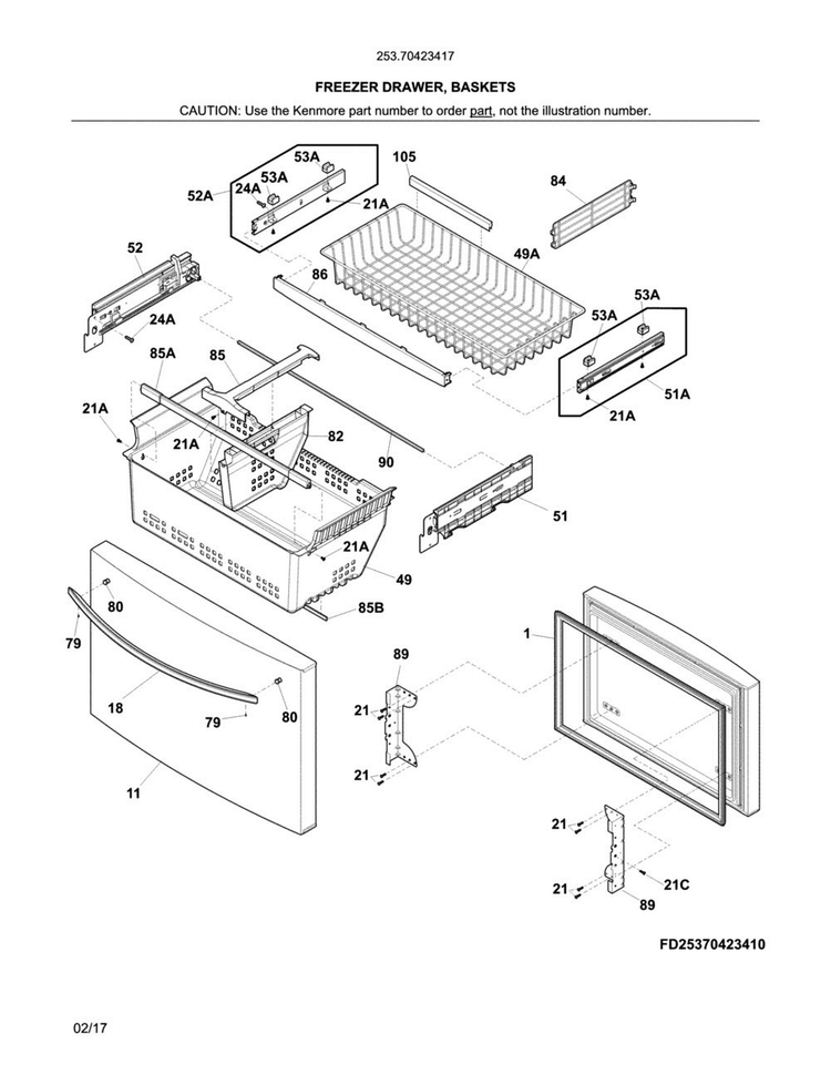 Freezer Drawer, Baskets Diagram and Parts List for 25370423417  Kenmore Refrigerator