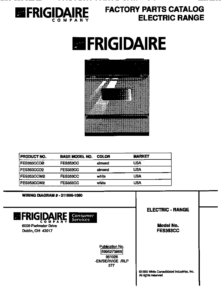 COVER Diagram and Parts List for FES353CCD2  Frigidaire Range