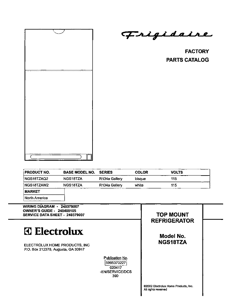 COVER Diagram and Parts List for NGS18TZAQ2  Frigidaire Refrigerator