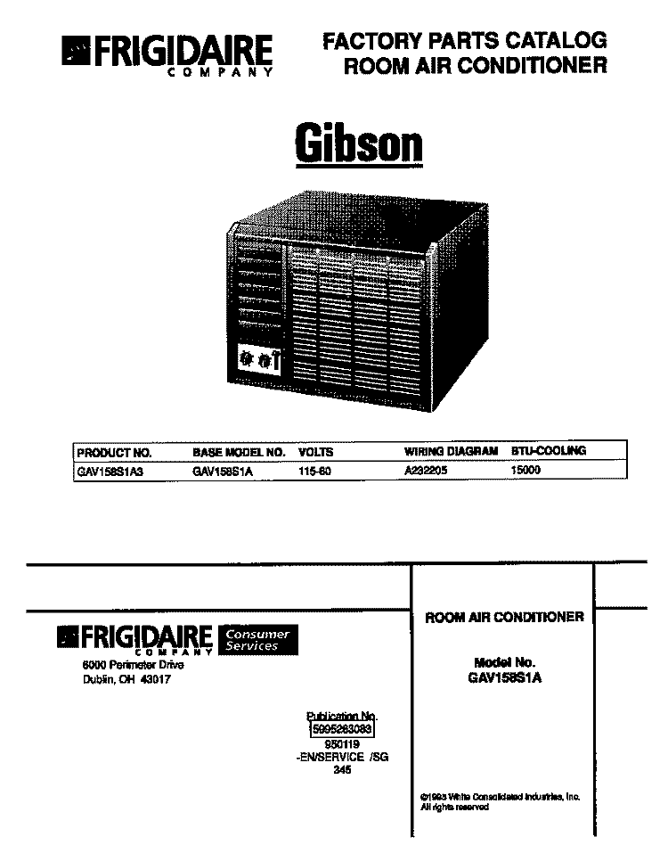 COVER Diagram and Parts List for GAV158S1A3  Gibson Air Conditioner