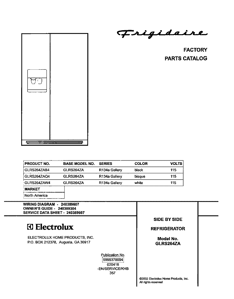 COVER Diagram and Parts List for GLRS264ZAW4  Frigidaire Refrigerator