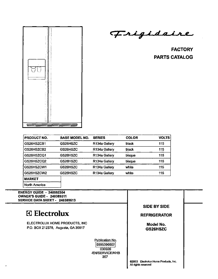 COVER Diagram and Parts List for GS26HSZCB1  Frigidaire Refrigerator