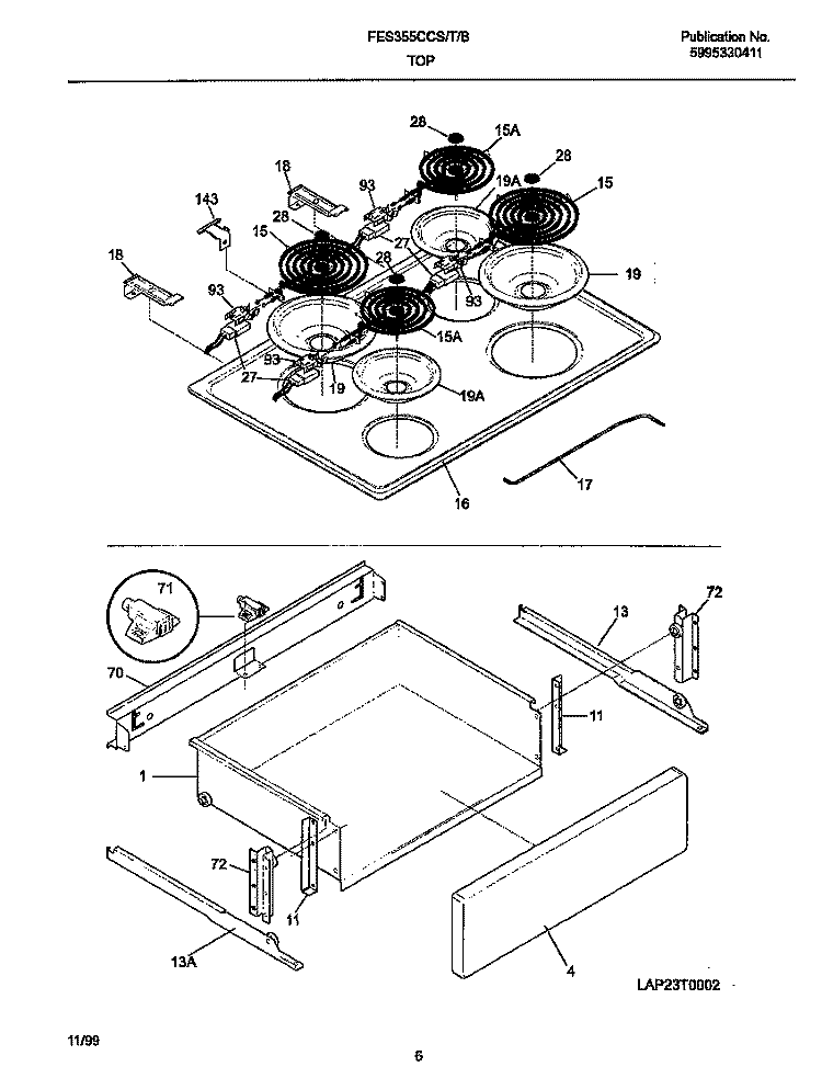 TOP / DRAWER Diagram and Parts List for FES355CCSI  Frigidaire Range