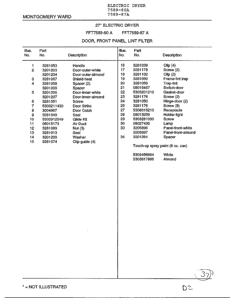 Door, Front Panel, Lint Filter Page 2 Diagram and Parts List for 7589-87A  Frigidaire Dryer