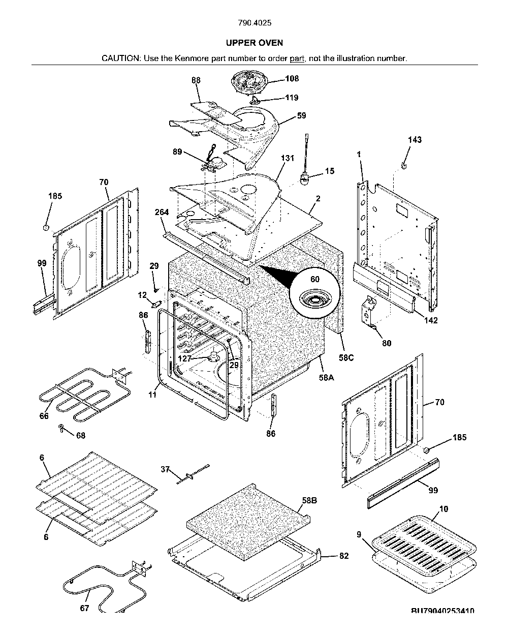 Upper oven Diagram and Parts List for 79040252414  Kenmore Wall Oven