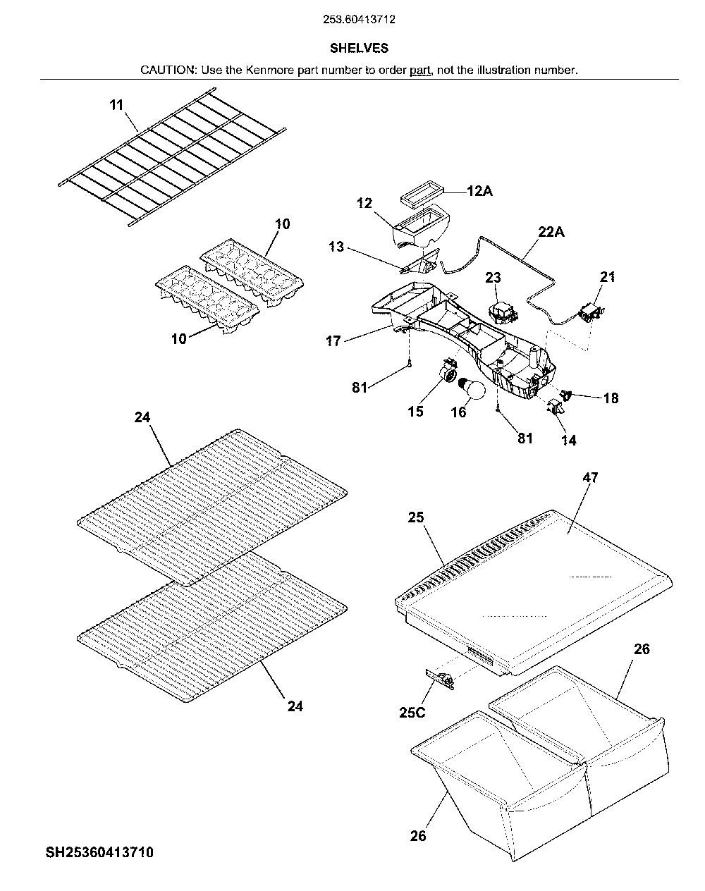 Shelves Diagram and Parts List for 25360413712  Kenmore Refrigerator