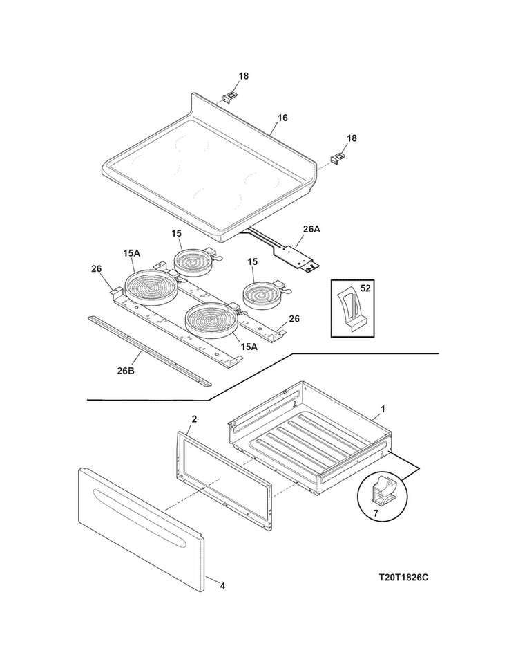 Top/drawer Diagram and Parts List for FFEF3017ZWD  Frigidaire Range