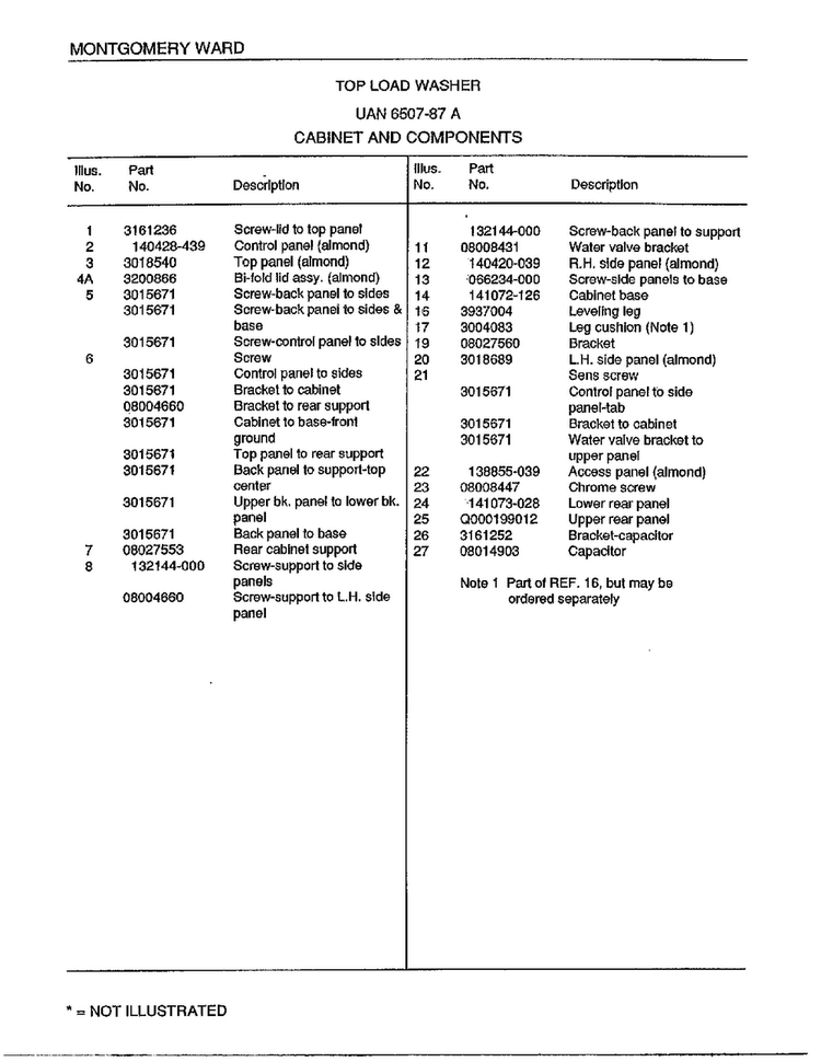 Top Load Washer/cabinet And Componets Page 2 Diagram and Parts List for 6507-87A  Frigidaire Washer