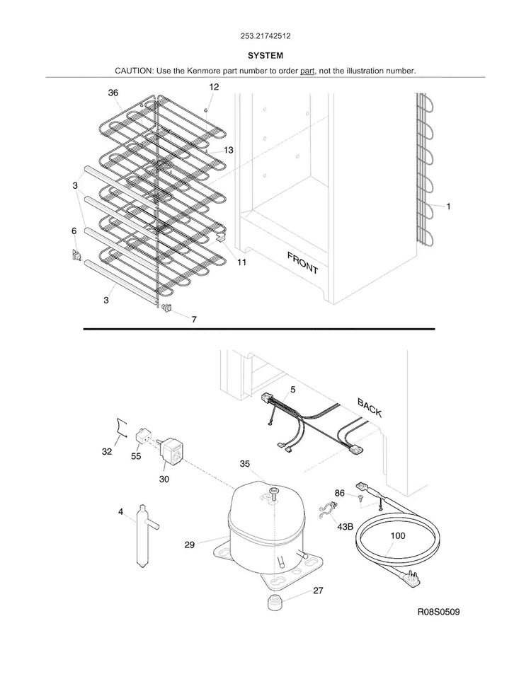System Diagram and Parts List for 25321742512  Kenmore Freezer