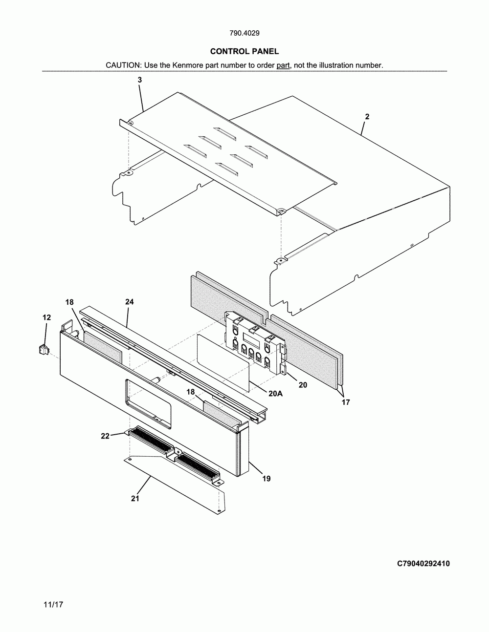Control panel Diagram and Parts List for 79040292412  Kenmore Wall Oven