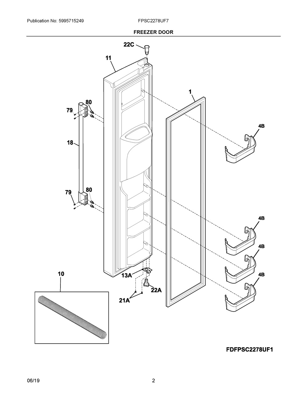 Freezer Door Diagram and Parts List for FPSC2278UF7  Frigidaire Refrigerator