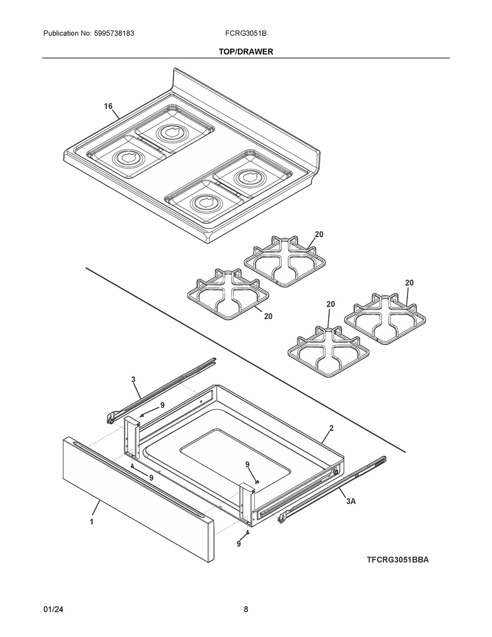 Top/Drawer Diagram and Parts List for FCRG3051BSA  Frigidaire Range
