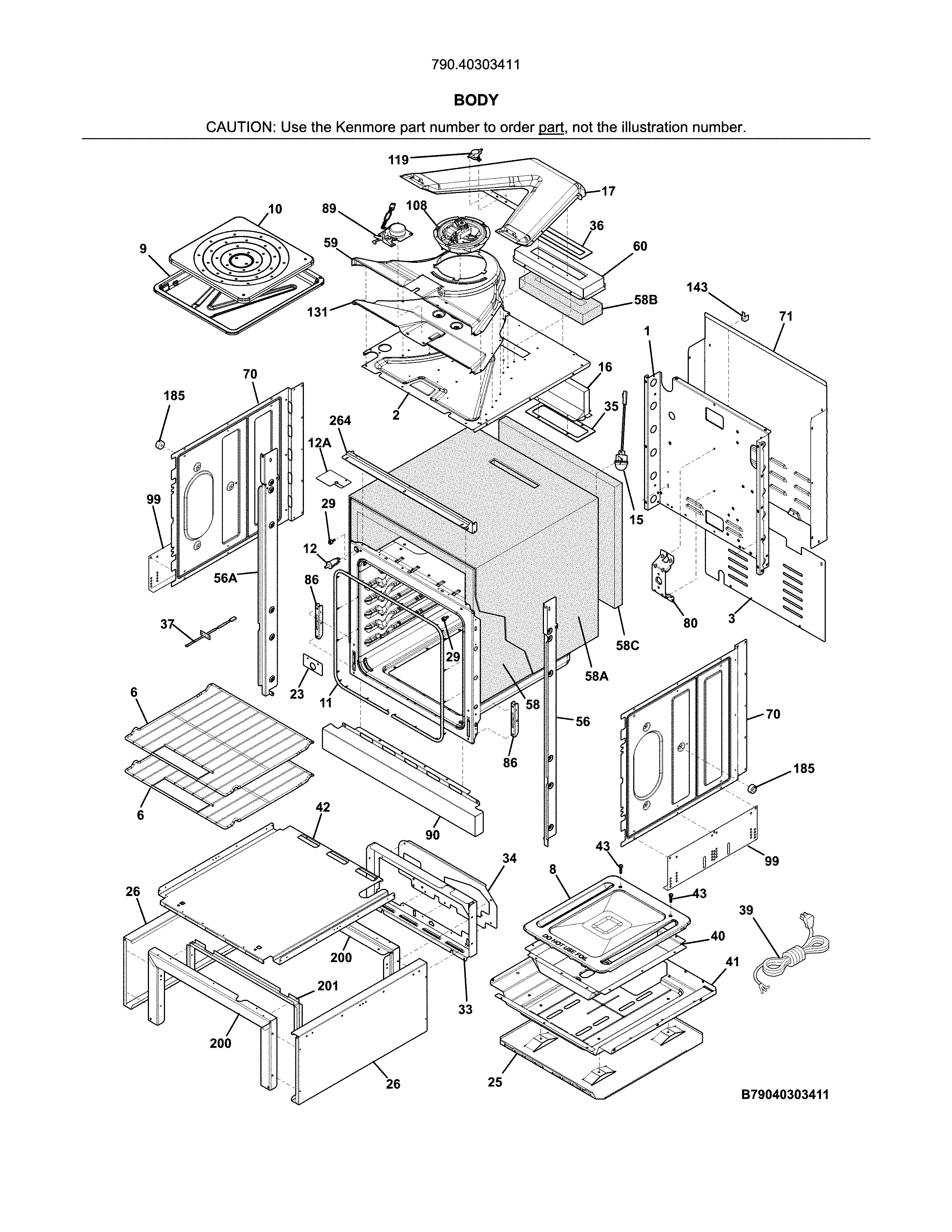 Body Diagram and Parts List for 79040303411  Kenmore Wall Oven