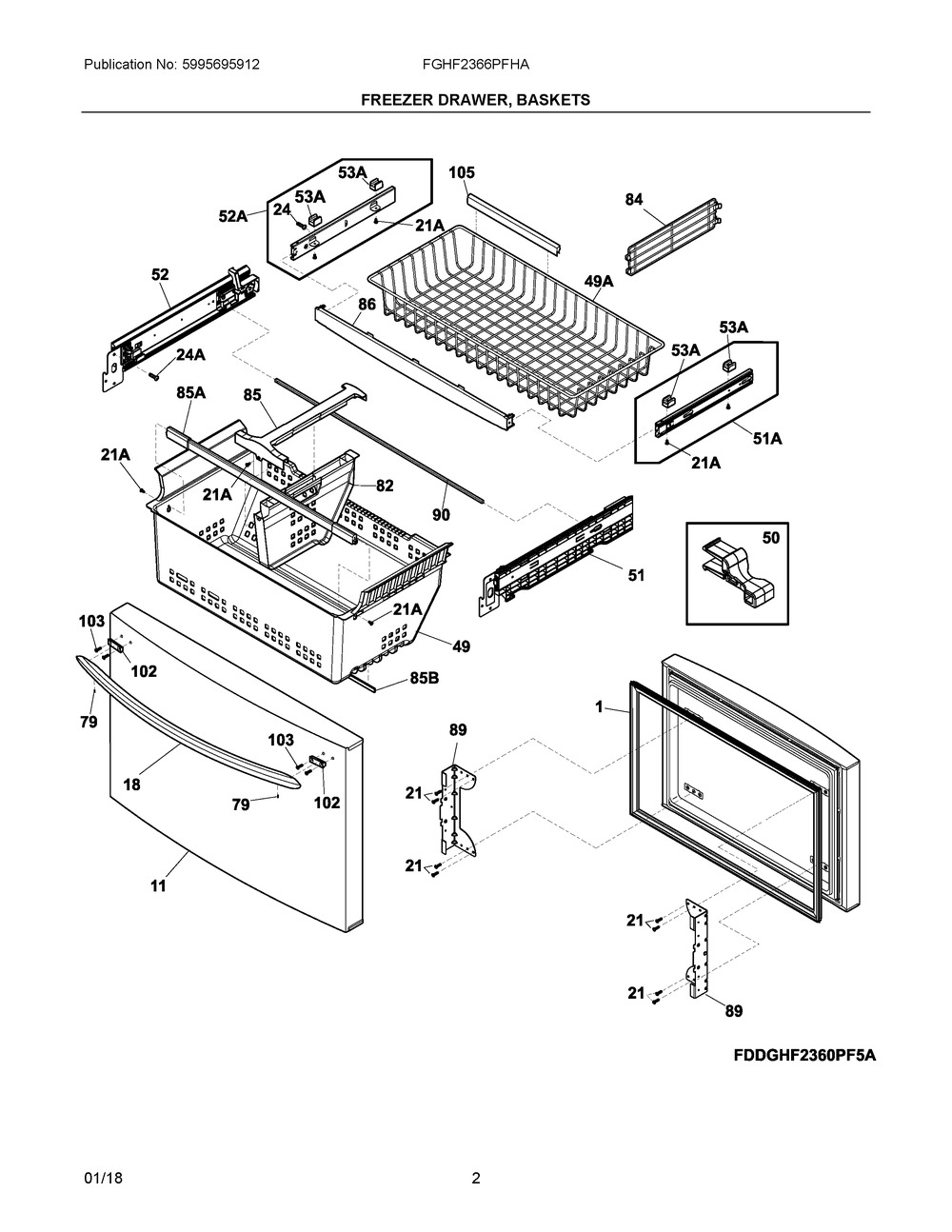 Freezer Drawer, Baskets Diagram and Parts List for FGHF2366PFHA  Frigidaire Refrigerator