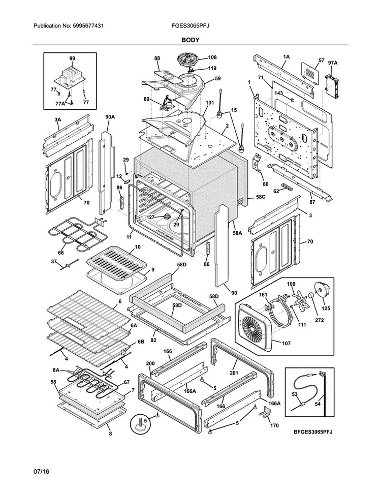 Body Diagram and Parts List for FGES3065PFJ  Frigidaire Range
