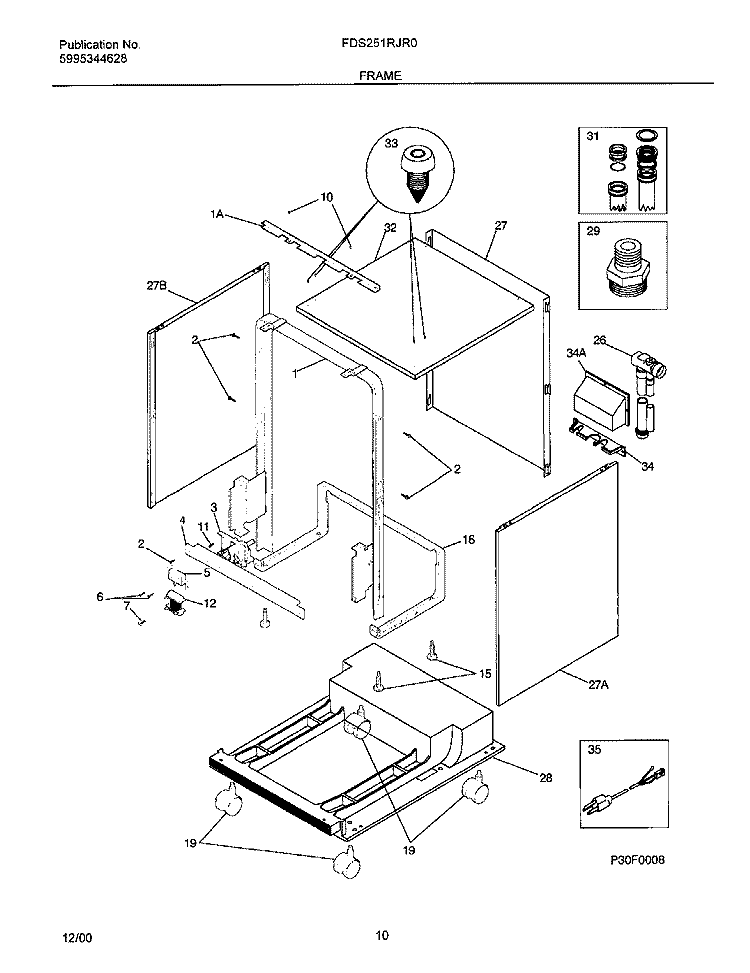 FRAME Diagram and Parts List for FDS251RJR0  Frigidaire Dishwasher