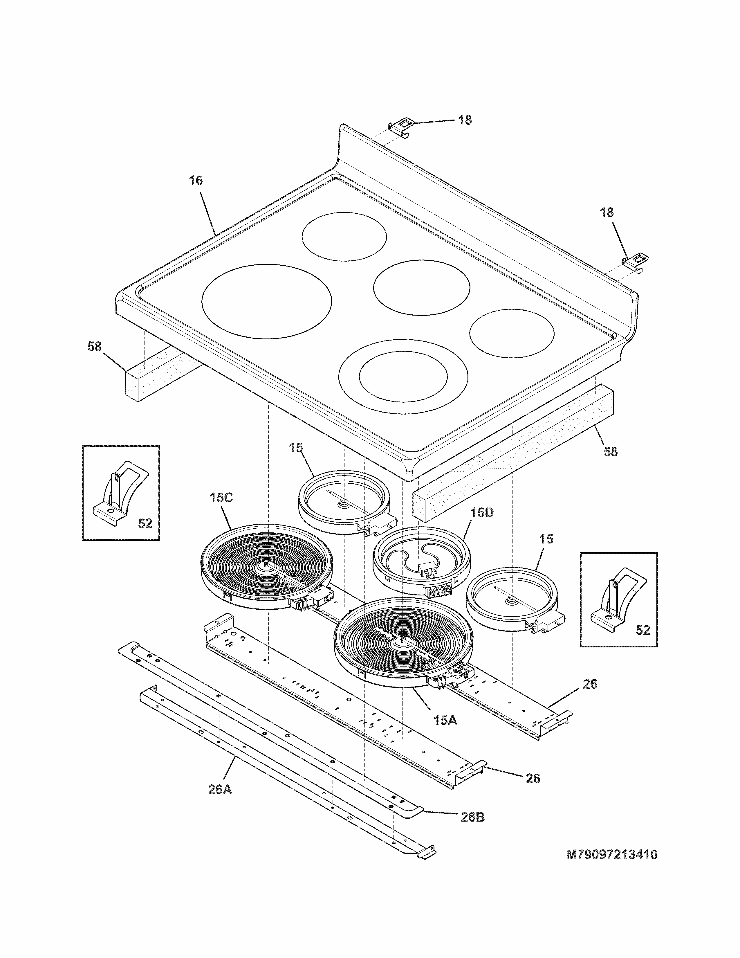 Main Top Diagram and Parts List for 79097212411  Kenmore Range