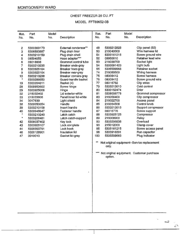 Chest Freezer 26 Cubic Feet Page 2 Diagram and Parts List for 89652-0B  Frigidaire Freezer