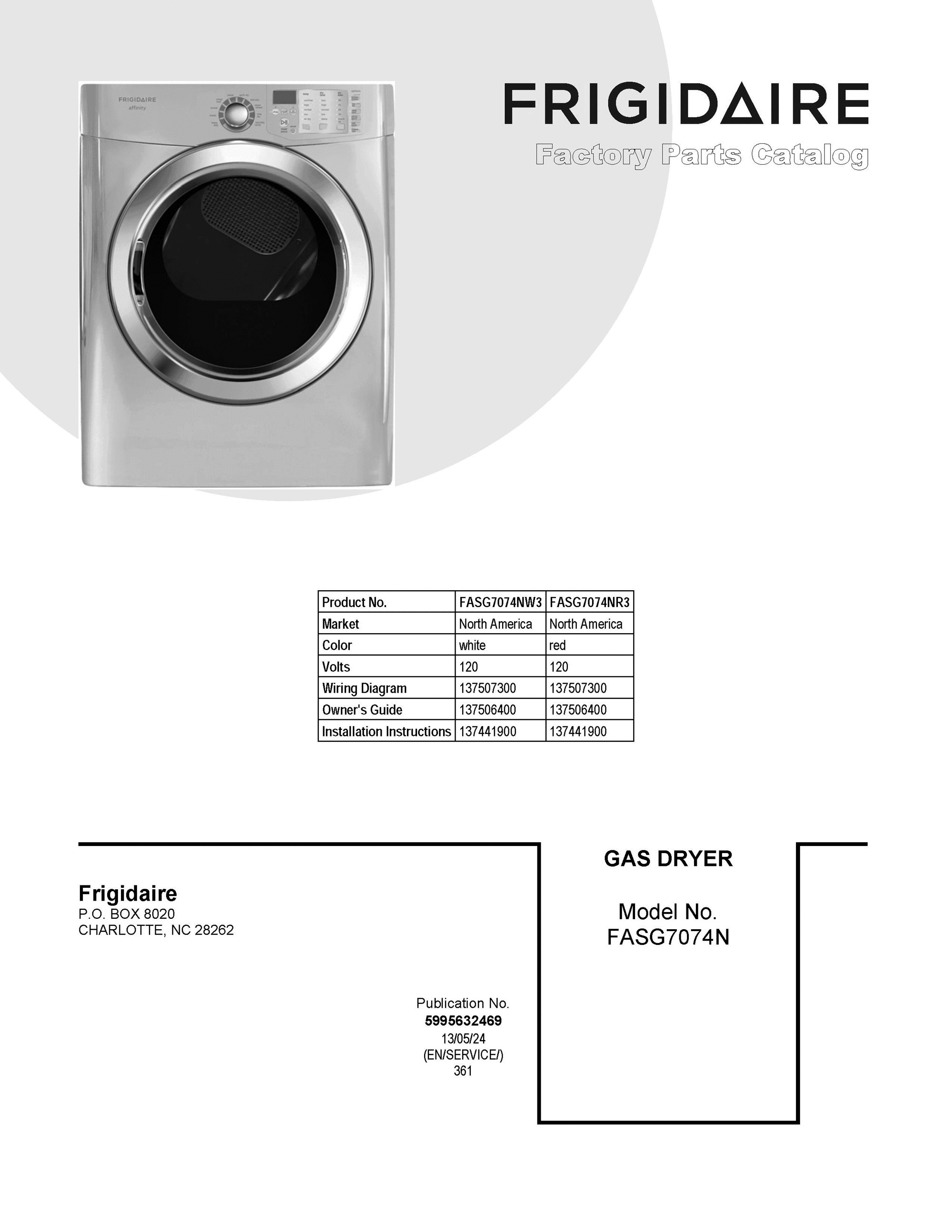 01 - COVER SHEET Diagram and Parts List for FASG7074NR3  Frigidaire Dryer