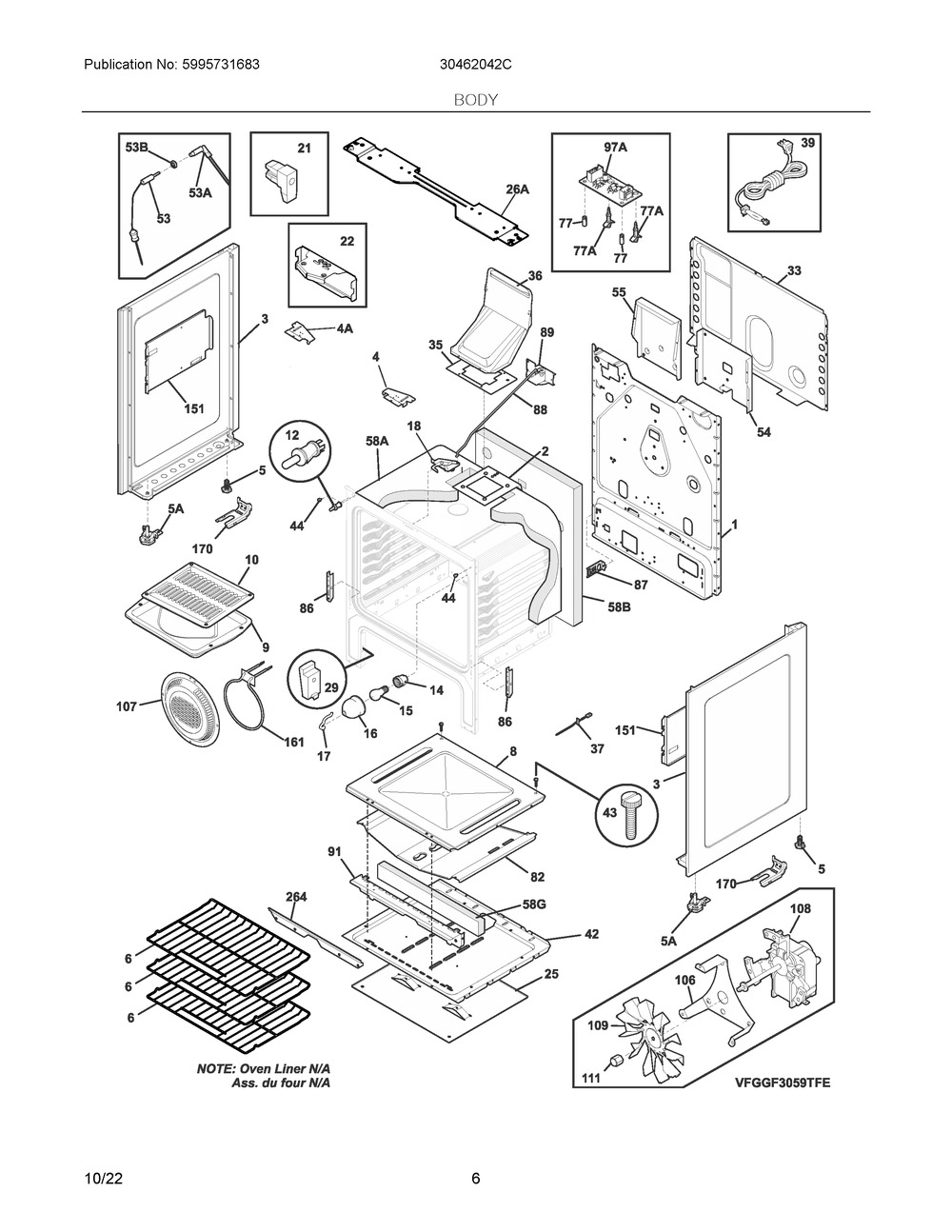 Body Diagram and Parts List for 30462042C  Frigidaire Range