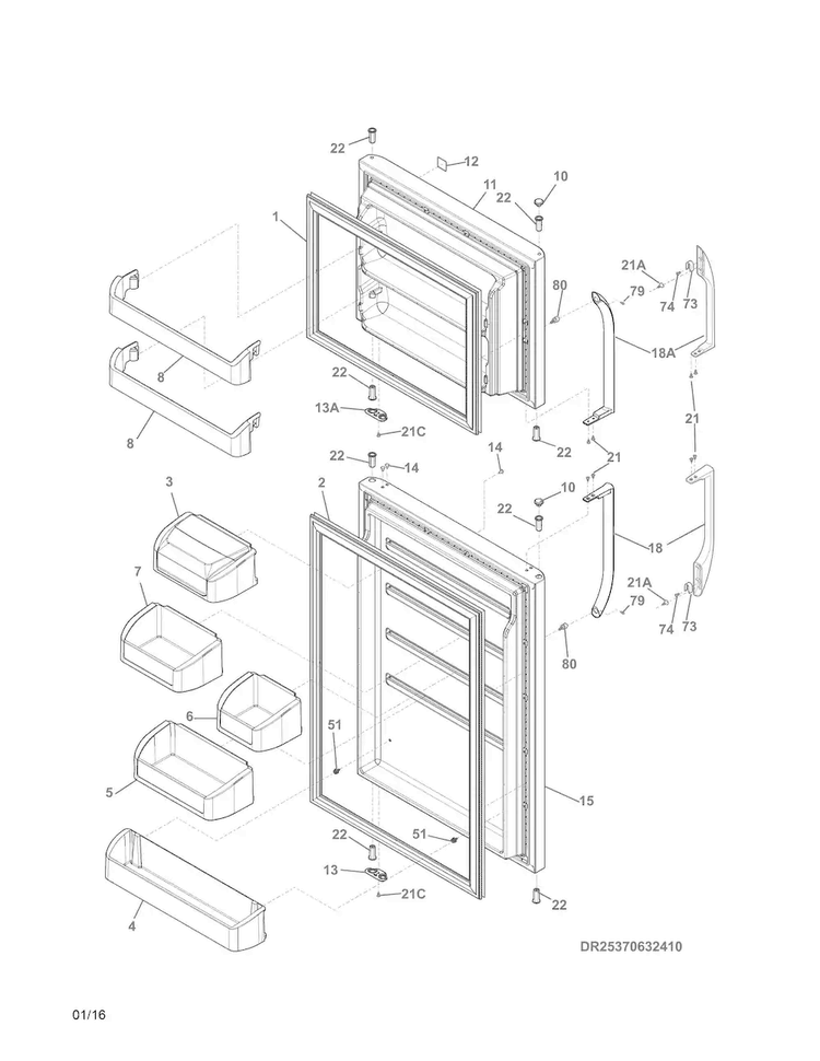 Doors Diagram and Parts List for 25370633411  Kenmore Refrigerator