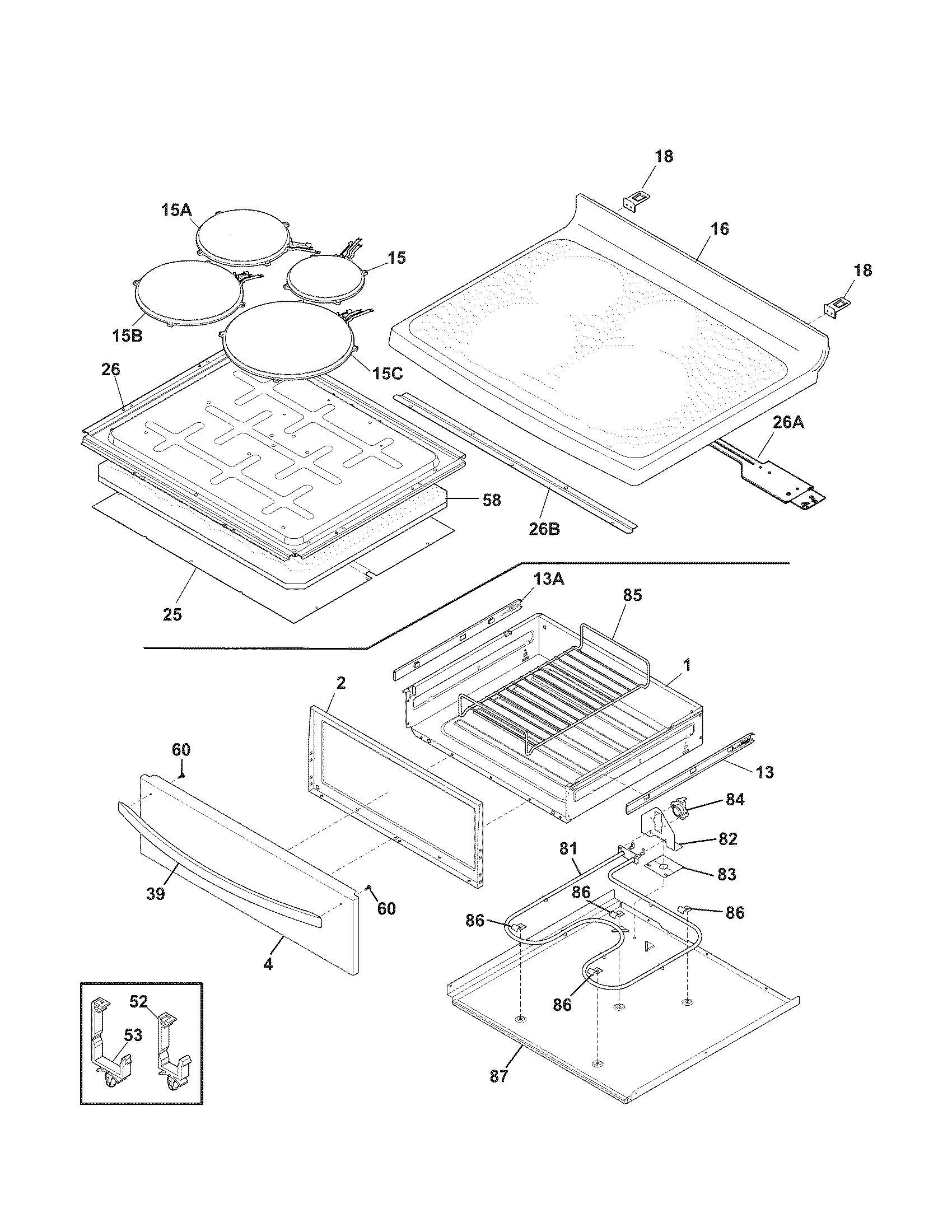 Top/drawer Diagram and Parts List for 79092183014  Kenmore Range