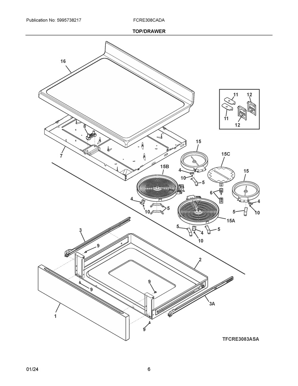 Top/Drawer Diagram and Parts List for FCRE308CADA  Frigidaire Range