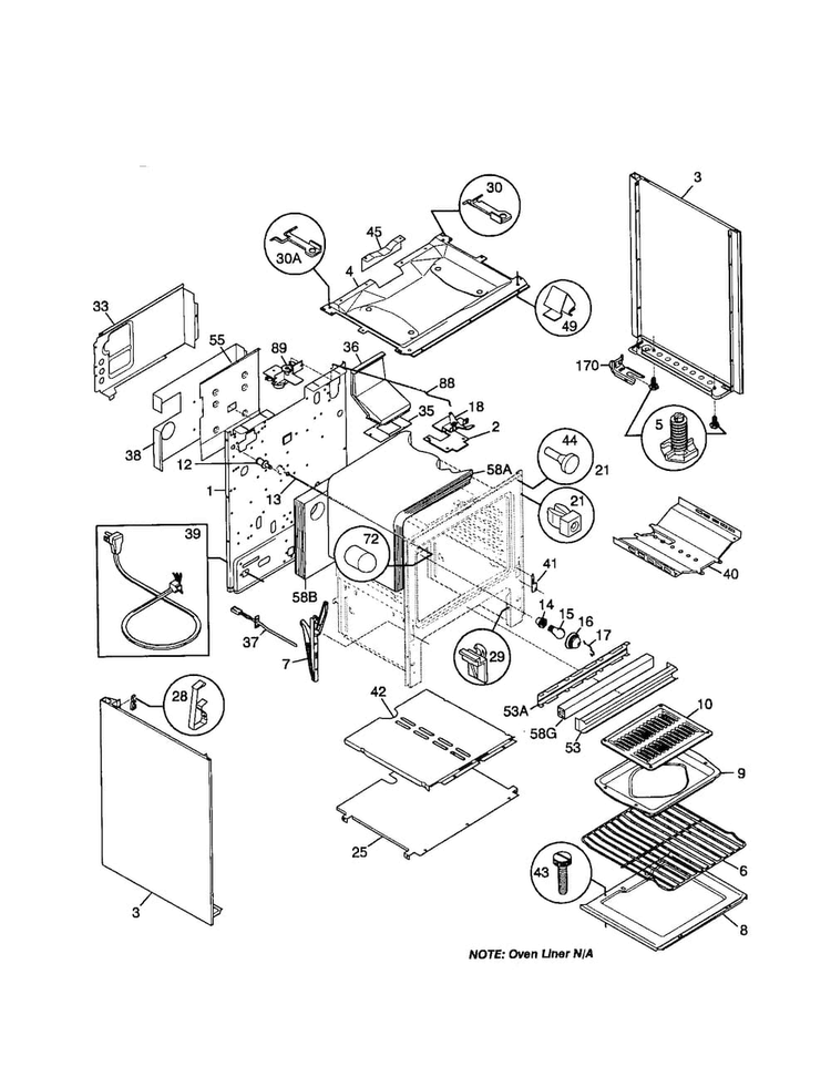 Body Diagram and Parts List for FGF354BGWD  Frigidaire Range