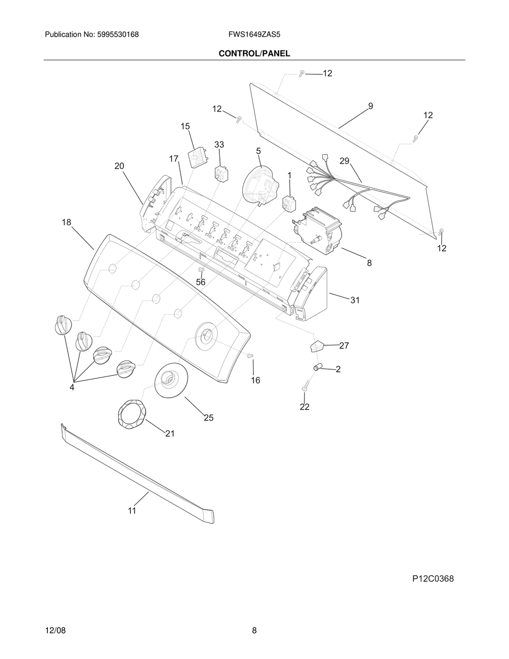 Control/Panel Diagram and Parts List for FWS1649ZAS5  Frigidaire Washer