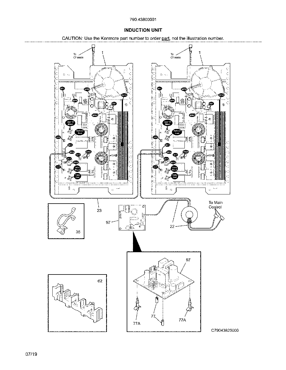Induction unit Diagram and Parts List for 79043800001  Kenmore Cooktop