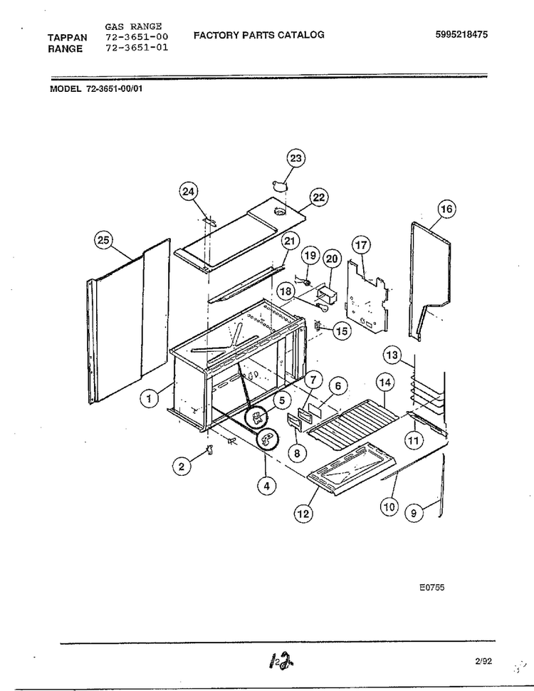Gas Range Page 12 Diagram and Parts List for 72-3651-00  Tappan Range