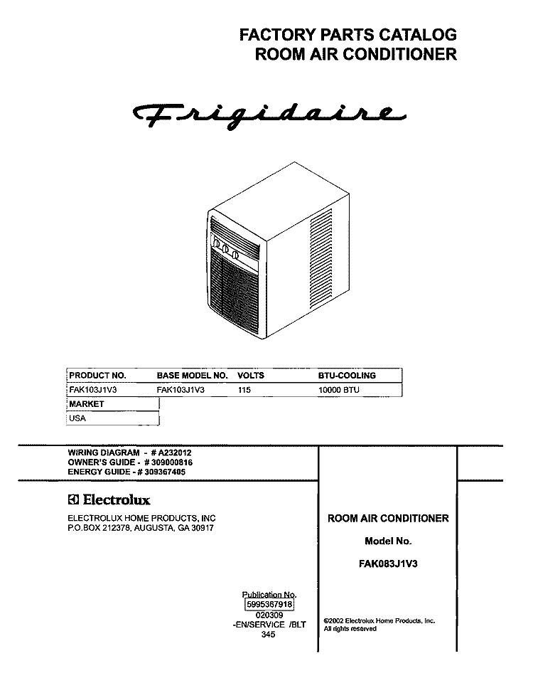 COVER Diagram and Parts List for FAK103J1V3  Frigidaire Air Conditioner