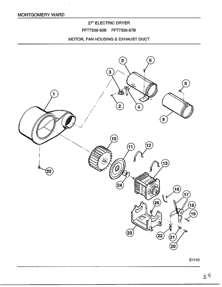 Motor, Fan Housing And Exhaust Duct Diagram and Parts List for 7338B  Frigidaire Dryer