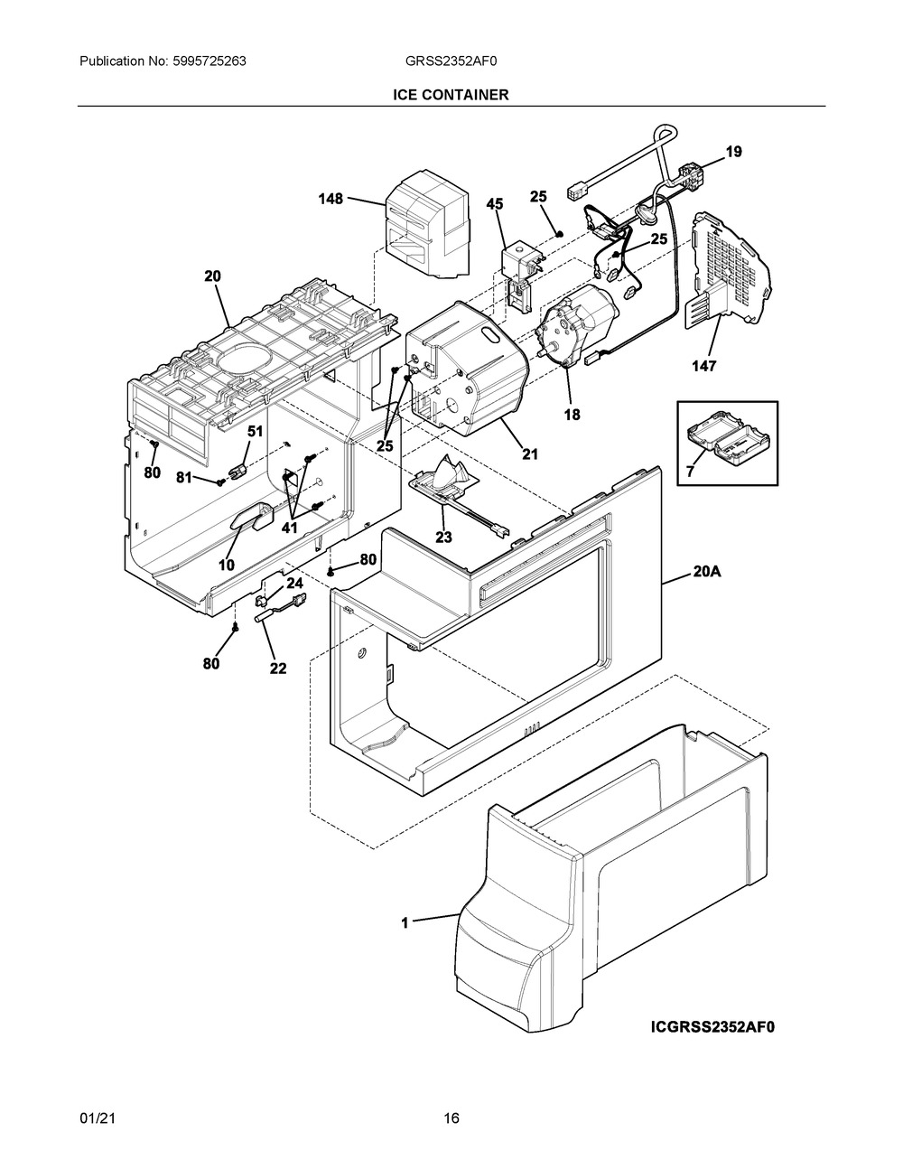 Ice Container Diagram and Parts List for GRSS2352AF0  Frigidaire Refrigerator