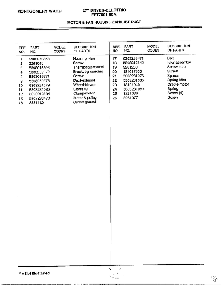 Motor And Fan Housing Exhaust Duct Page 2 Diagram and Parts List for 7001-80A  Frigidaire Dryer