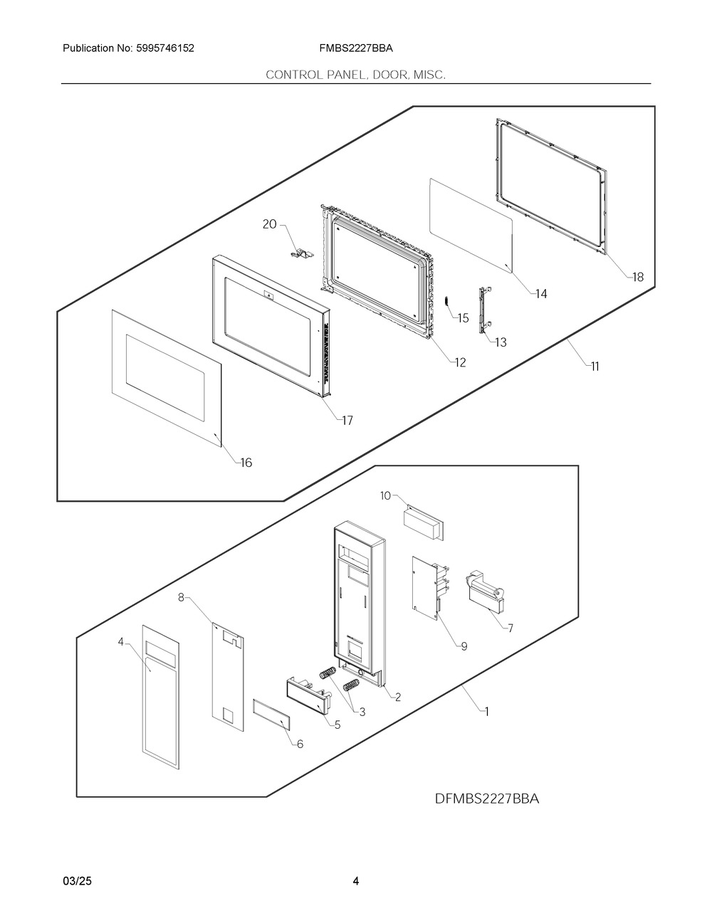 Control Panel, Door, Misc. Diagram and Parts List for FMBS2227BBA  Frigidaire Microwave
