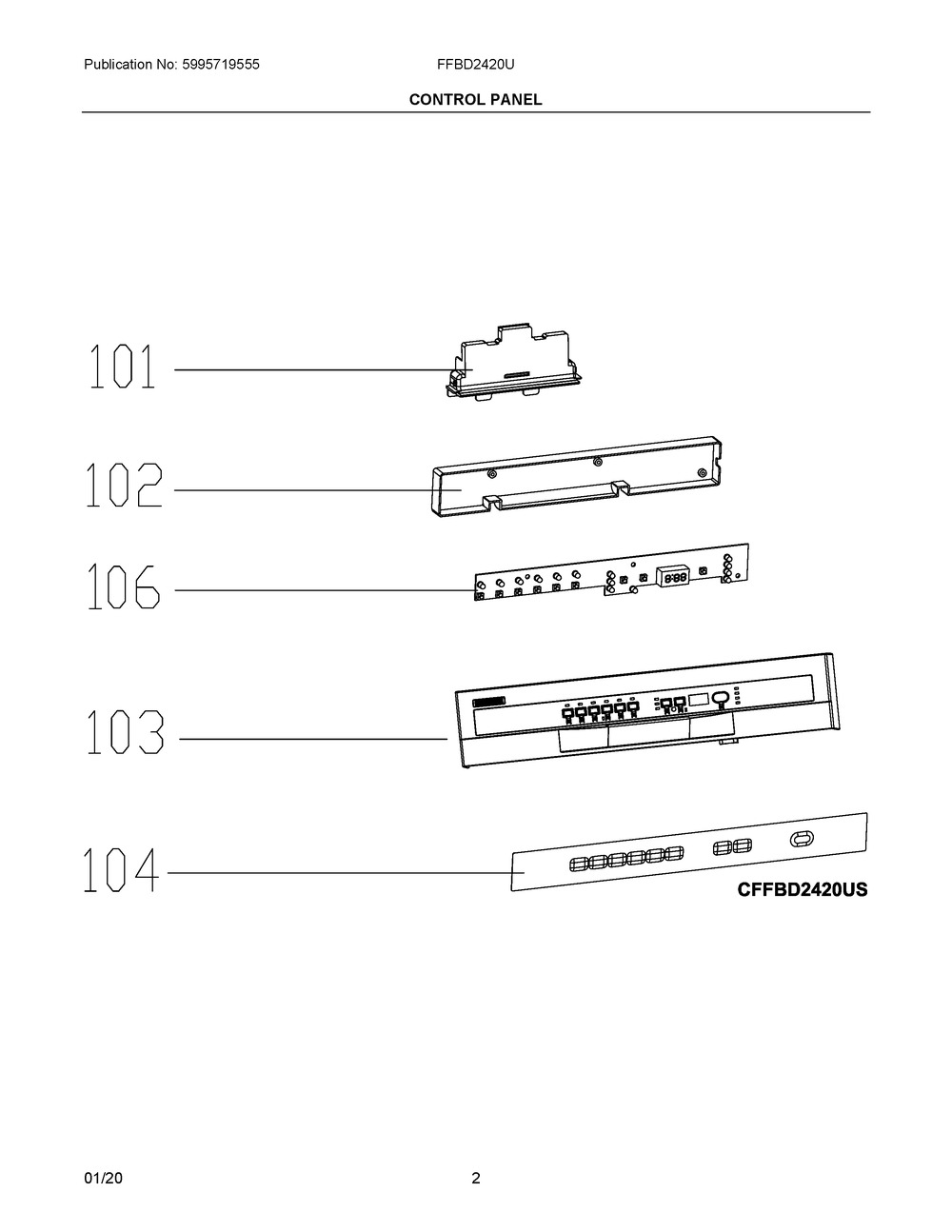 Control Panel Diagram and Parts List for FFBD2420UB  Frigidaire Dishwasher