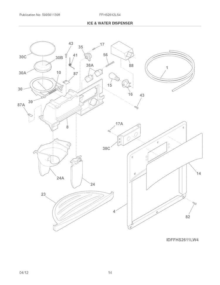 Ice & Water Dispenser Diagram and Parts List for FFHS2612LS4  Frigidaire Refrigerator