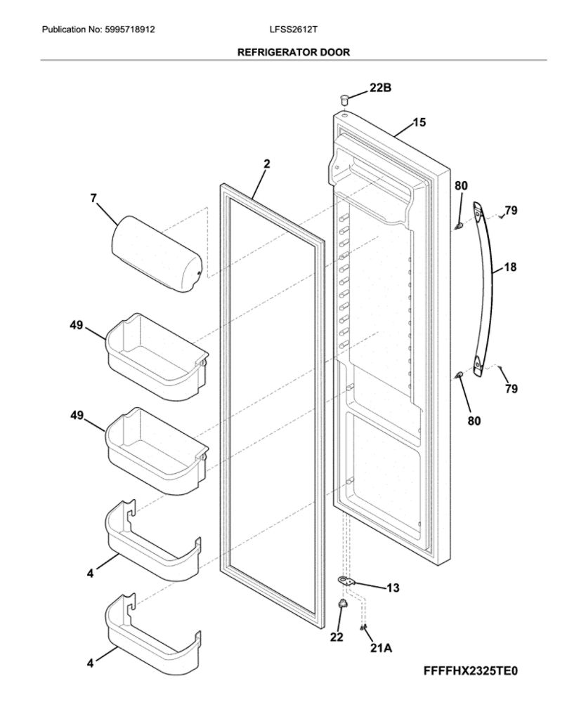 Fresh Food Door Diagram and Parts List for LFSS2612TP3  Frigidaire Refrigerator