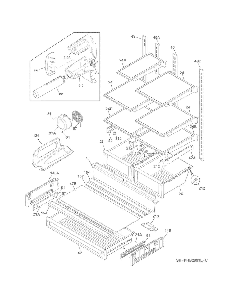 Shelves Diagram and Parts List for FPHB2899PF1  Frigidaire Refrigerator
