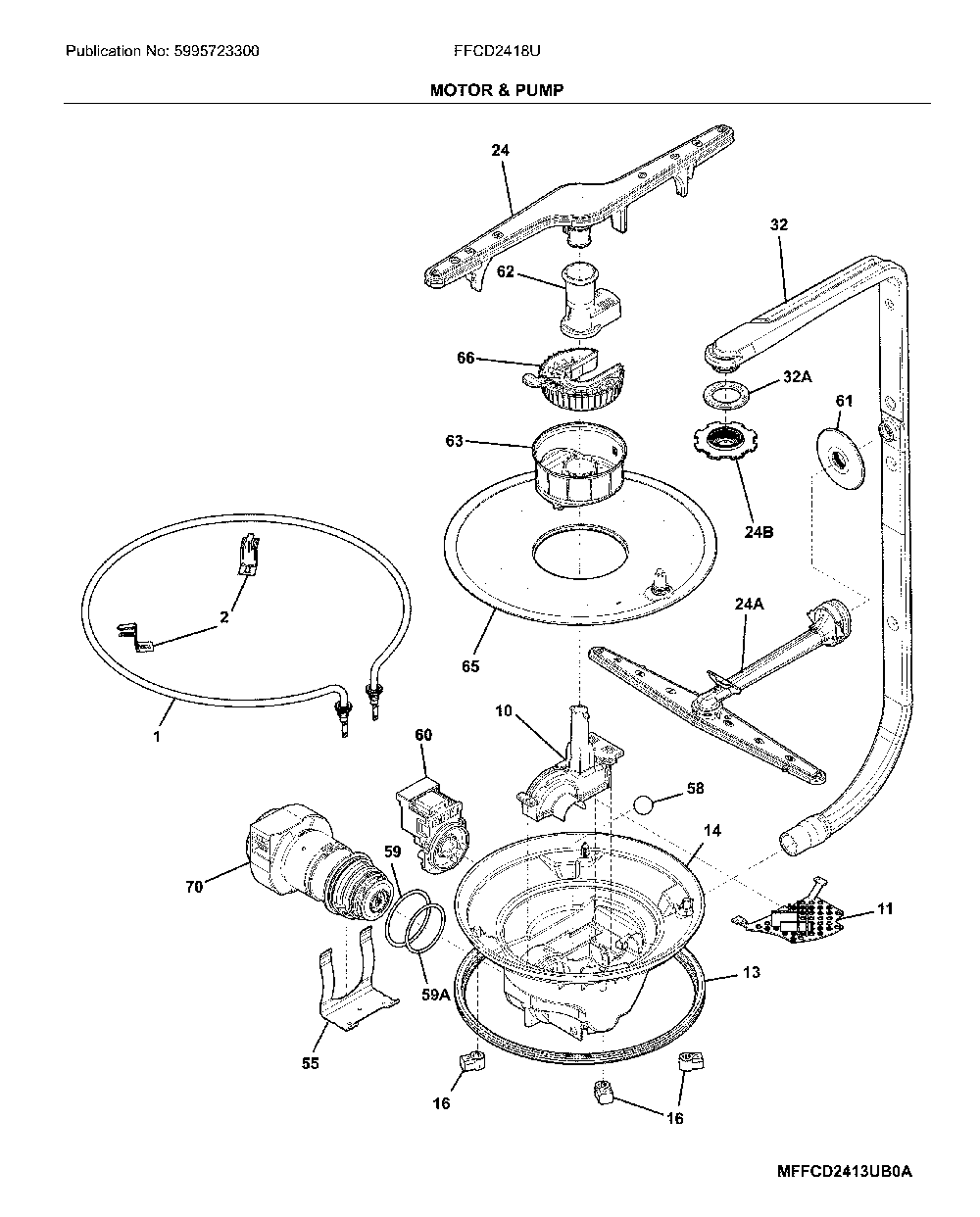 Motor & pump Diagram and Parts List for FFCD2418US2A  Frigidaire Dishwasher