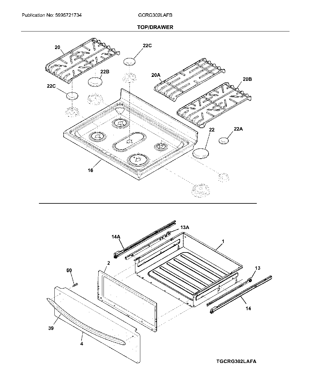 Top/drawer Diagram and Parts List for GCRG302LAFB  Frigidaire Range